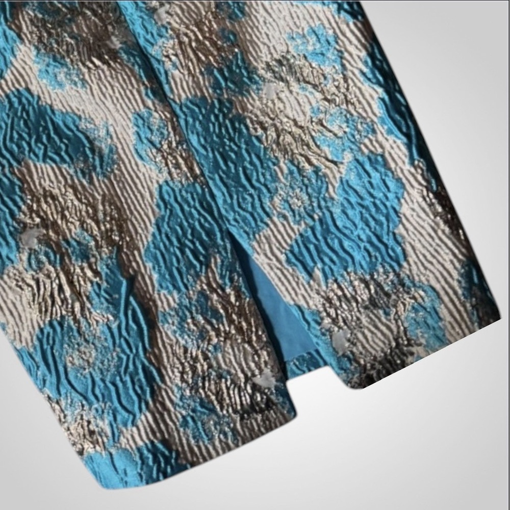 Teal Metallic Brocade Jacquard Dress Ruffle Sleeve V Bodycon Midi Wedding Guest - Picture 4 of 8